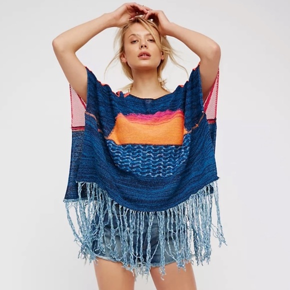 Free People Sunset Knit Fringe Poncho M/L - Picture 2 of 15